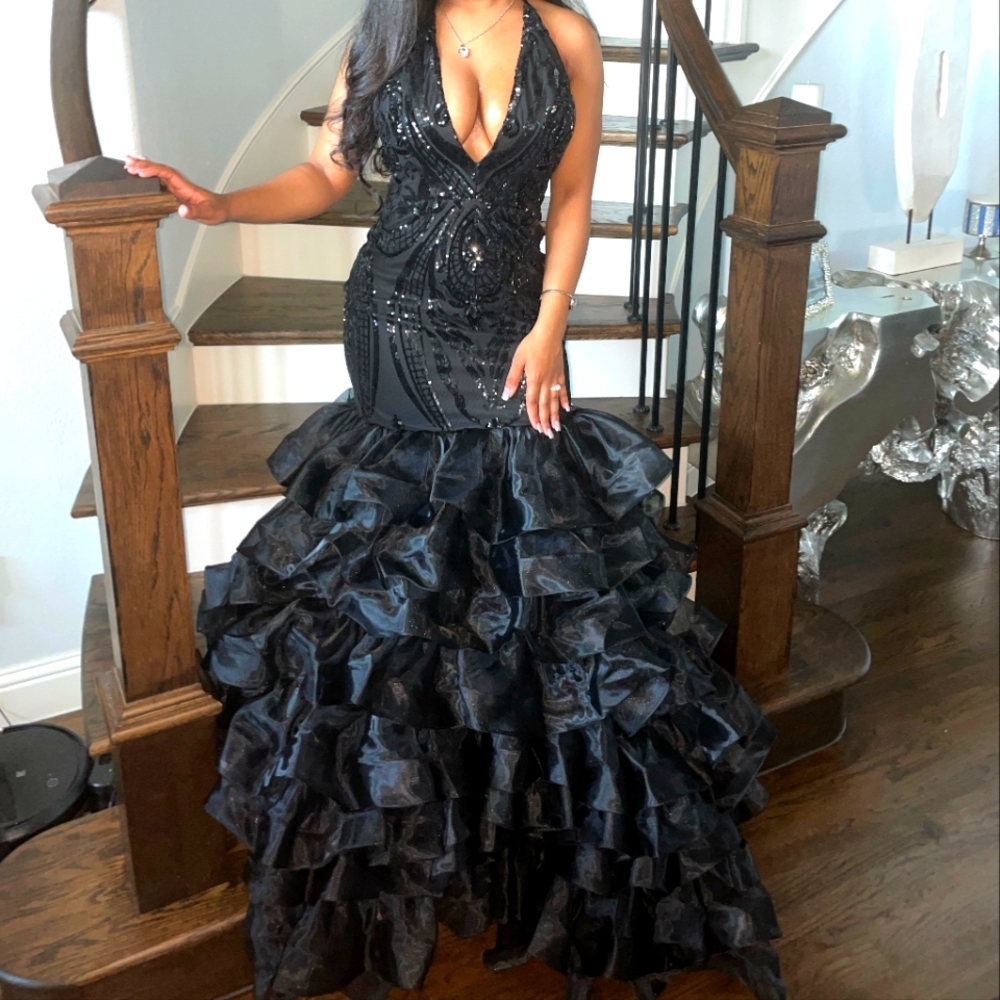 Black Sequin Tiered Prom Gown